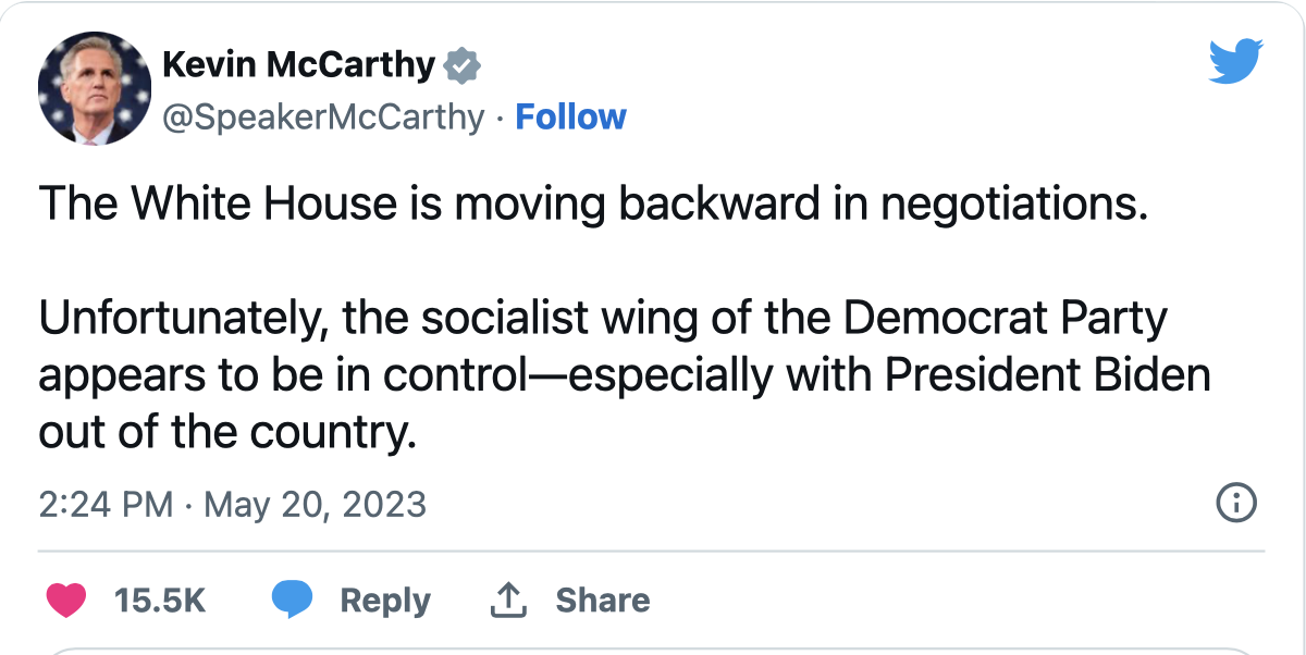 麦卡锡周六晚上在推特上写道，就在白宫发表声明前约90分钟，白宫的最新提议“是一大步倒退” ...