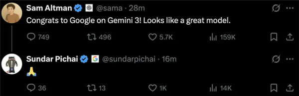 阿尔特曼在推特上评价“Gemini 3看起来很不错”，谷歌CEO桑达尔·皮查伊仅以一个表情包轻松回应 ...